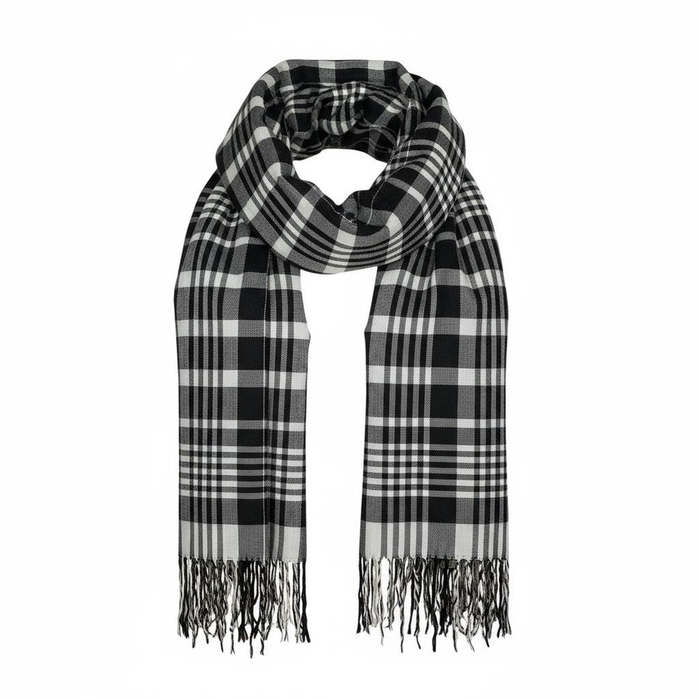 Black White Plaid Scarf Fringed Ends Winter Warm Fashion Accessory One Size